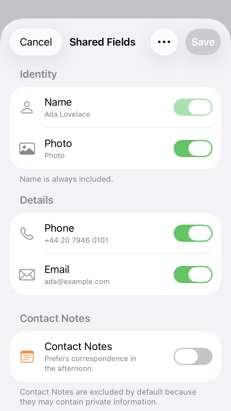 Selecting which contact fields to share in CNTC